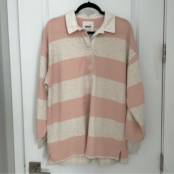 Aerie Prep Rally Rugby Stripe Sweatshirt Pink Oversized Preppy.         22 - Picture 3 of 13